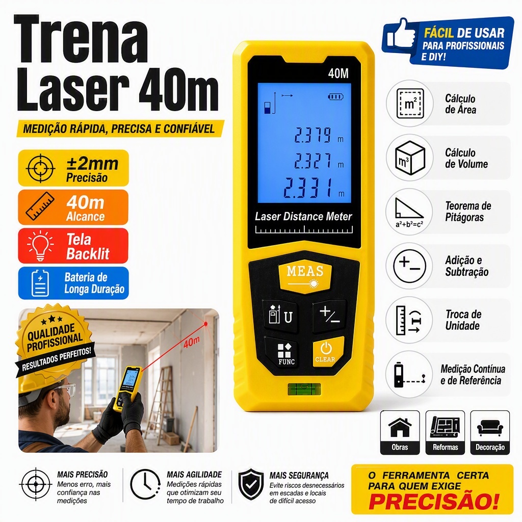 Trena Laser 40m Medidor de Distância Digital Precisão ±2mm Tela Backlit Nível Integrado Área Volume Pitágoras