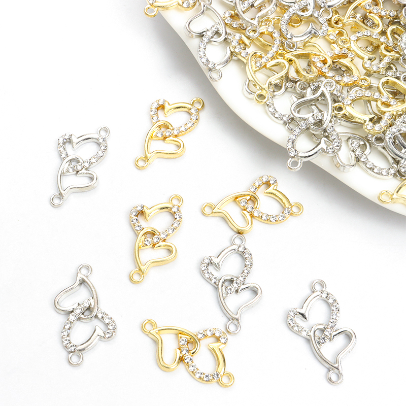 10pcs Conectores De Cristal Rhinestone Duplos Em Forma De Coração Casal Romântico