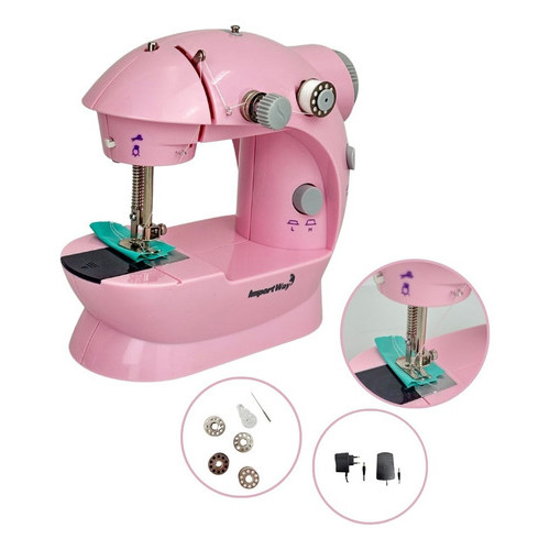 Mini Máquina Costura Multiuso Portátil Bivolt Importway Cor Rosa 110v/220v C/ Fonte ou Pilha Sistema Iluminação e Pedal