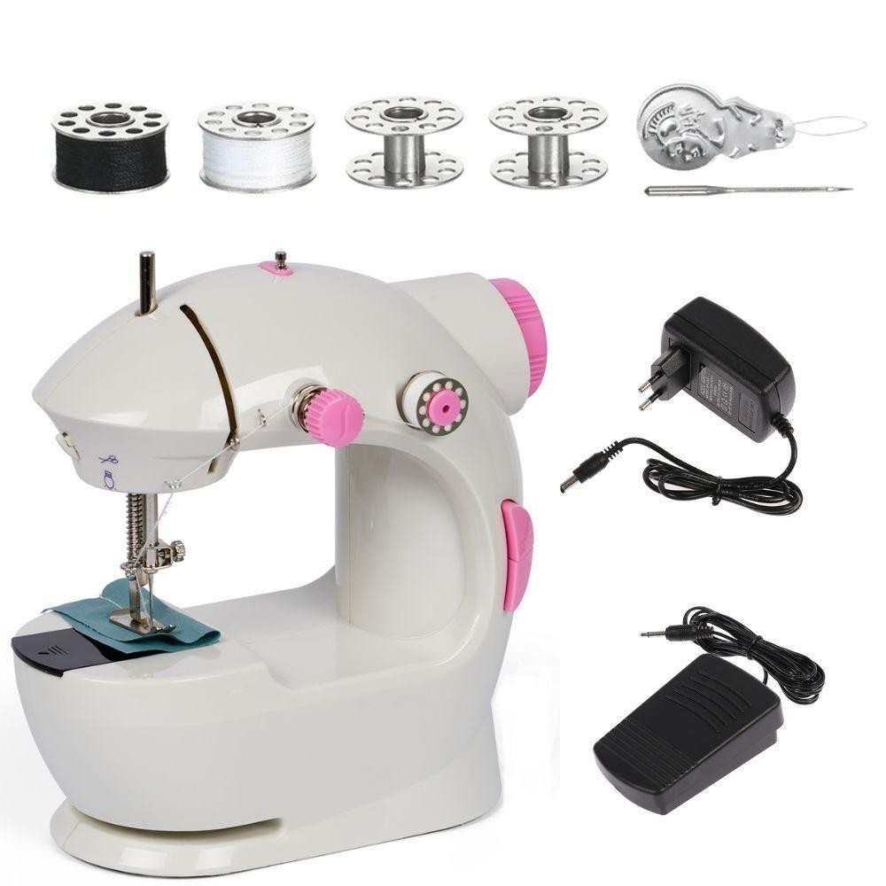 MINI MAQUINA DE COSTURA PORTATIL BIVOLT RETA COM PEDAL KIT BOBINAS AGULHA DOMESTICA PERFEITA PARA INICIANTES E PROJETOS