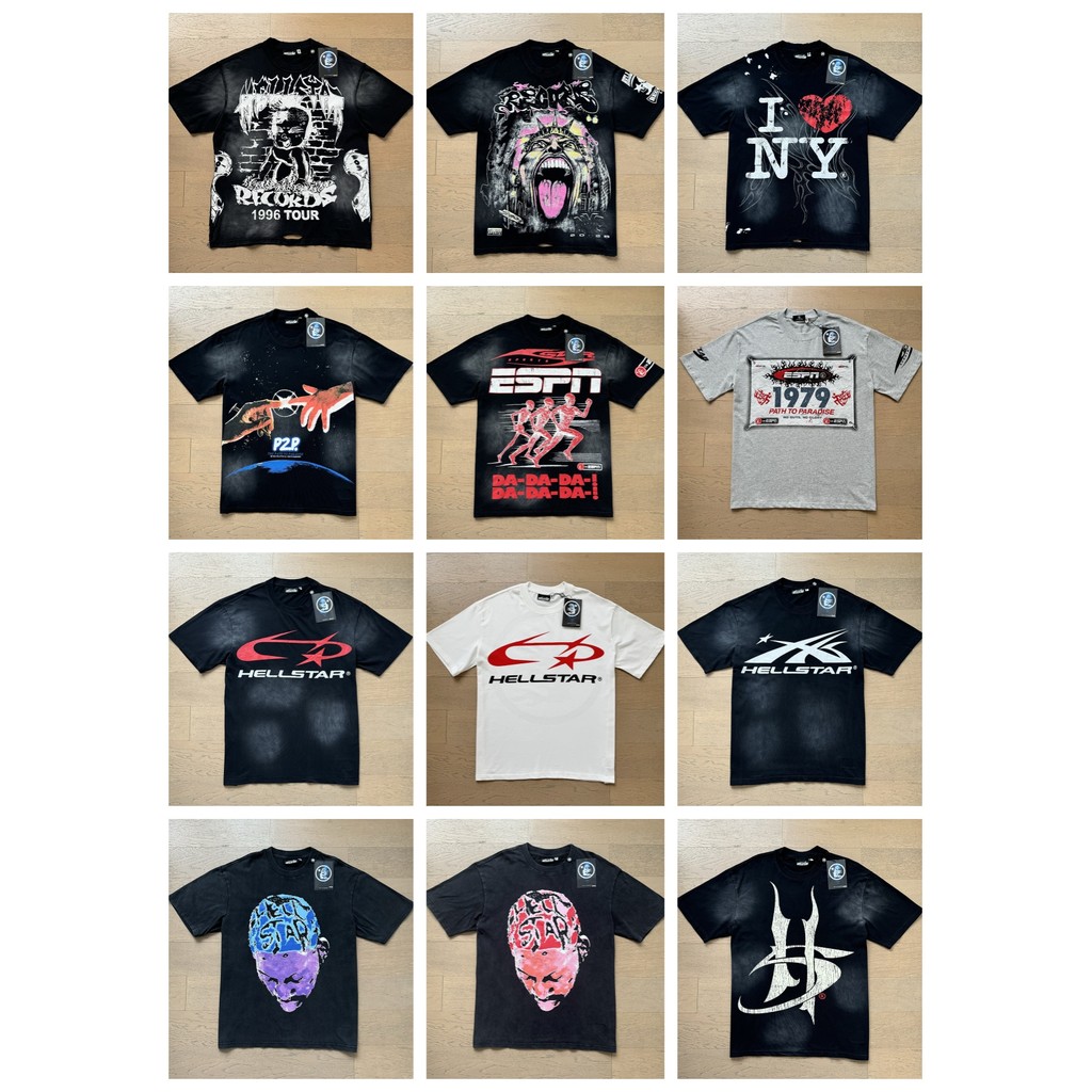 2026 HELLSTAR de manga curta lavagem Retro desgastado impressão completa Graffiti camiseta Street