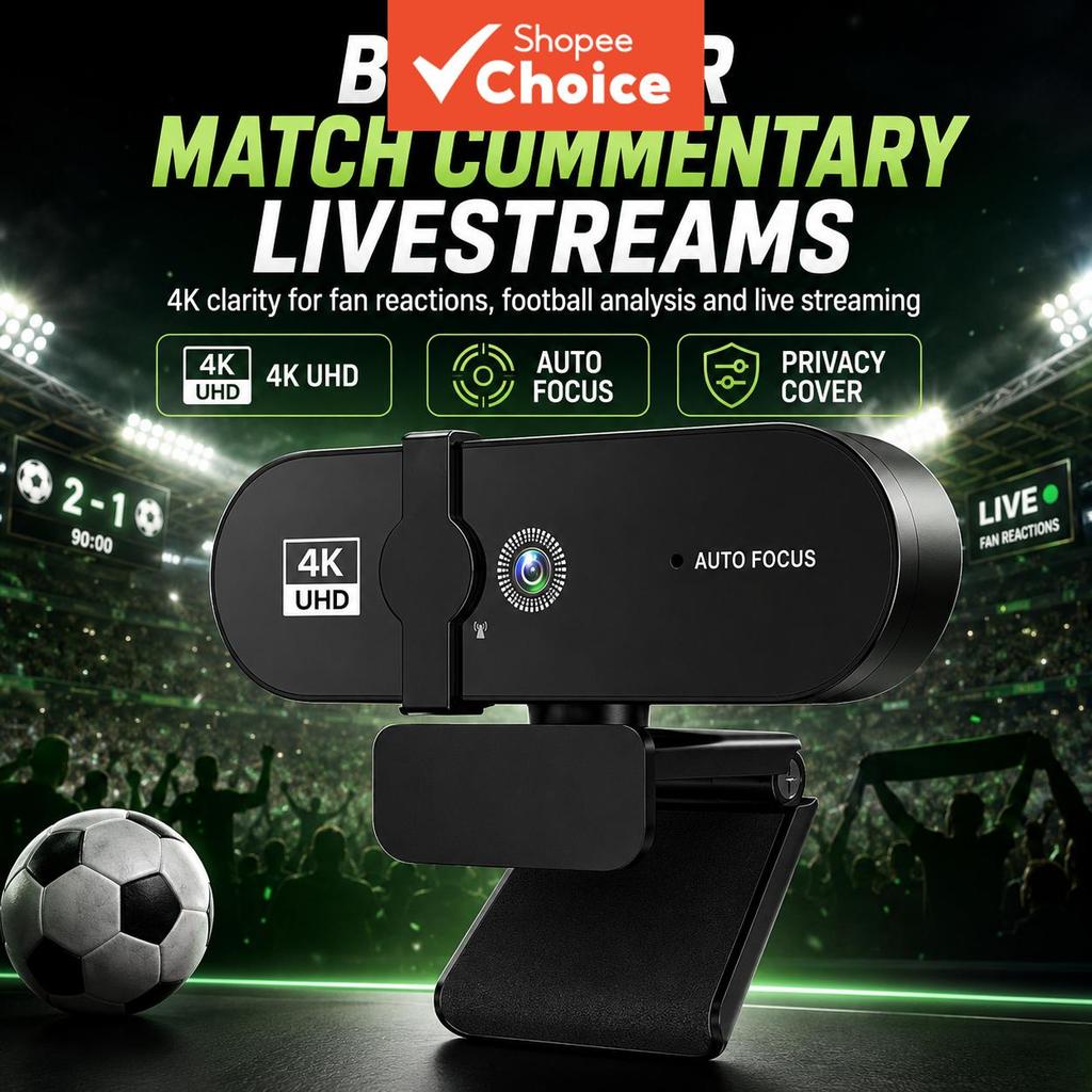 Webcam 4K para PC e notebook com autofoco PDAF, microfone duplo e câmera USB plug and play para transmissões ao vivo
