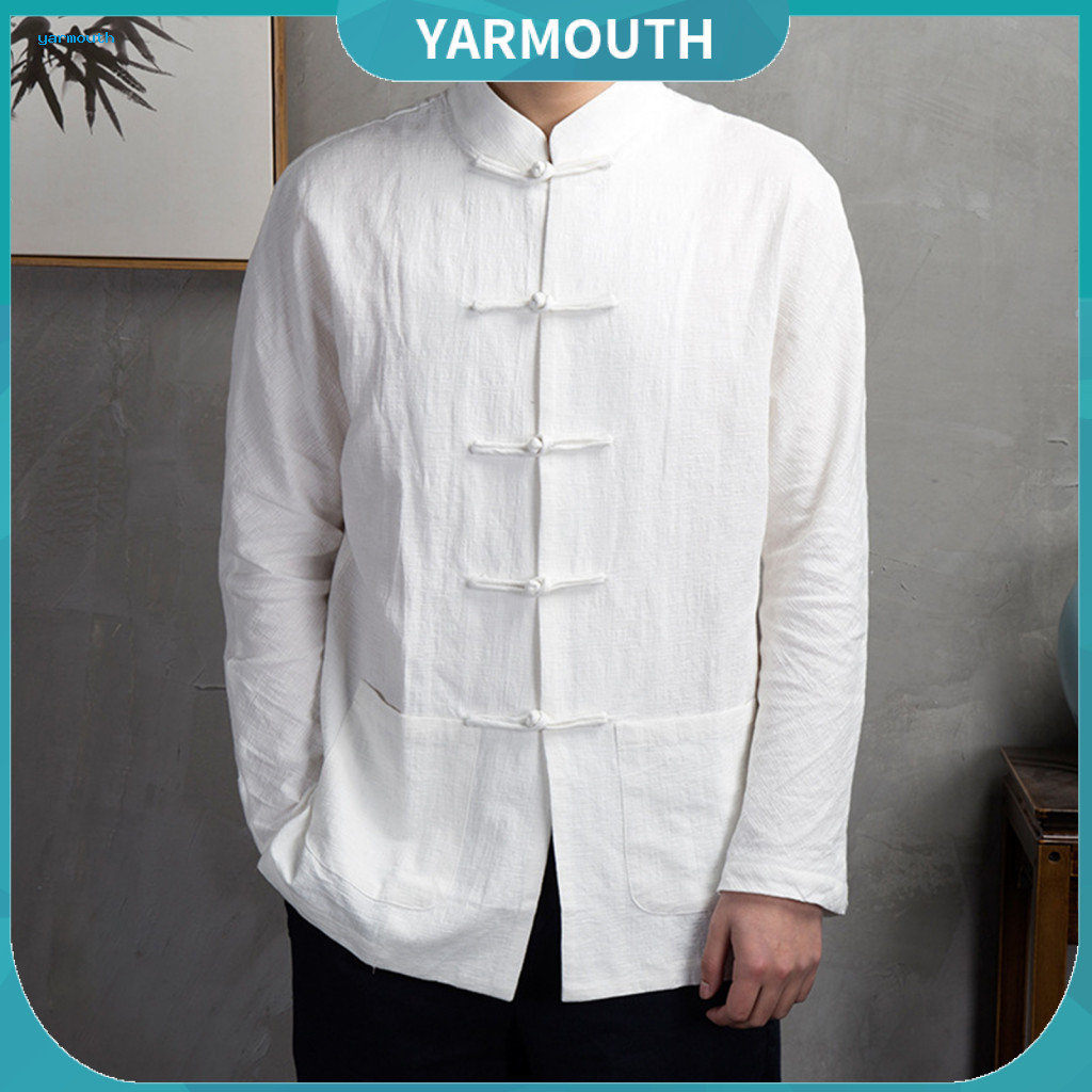 Solid Color Stand-up Collar Shirt Lightweight Breathable Men Men's Autumn Chinese Style Mandarin Long Sleeve Kung Fu Tai