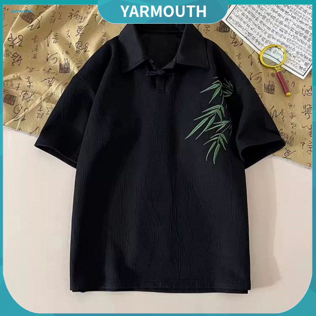Chinese Retro Fashion T-shirt Men Bamboo Pattern Men’s Style Short Sleeve Polo Loose Fit with Embroidery Streetwear Te