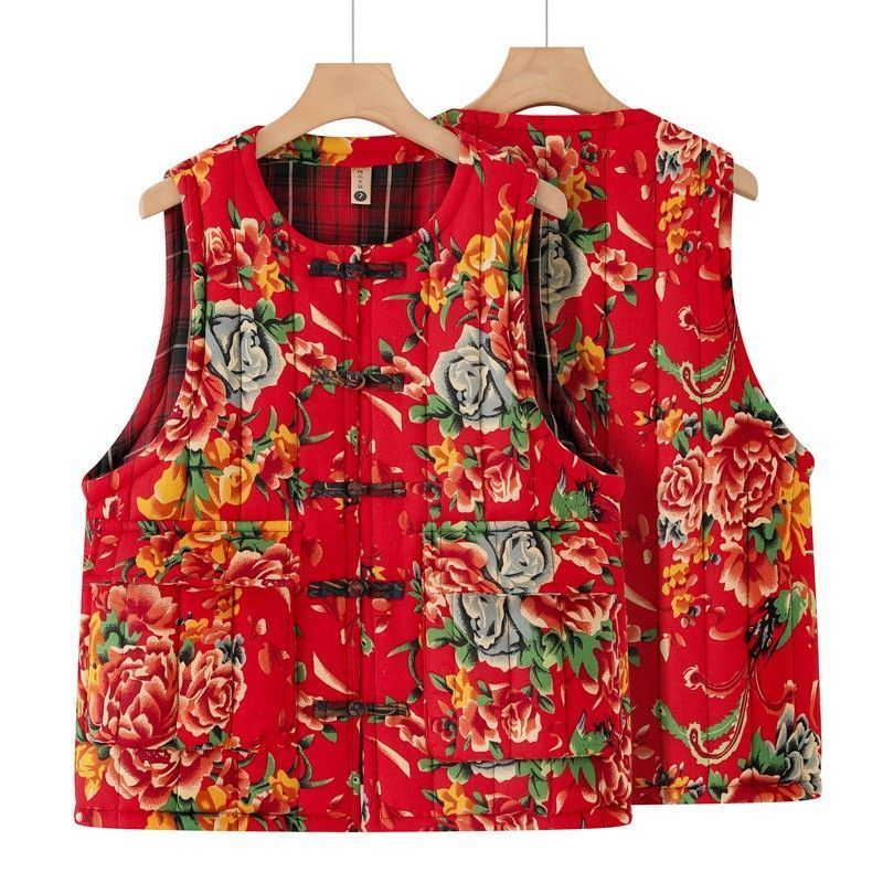 Northeastern Floral New Ethnic Style Warm Autumn-Winter Chinese Style Cotton-Linen Buttoned Printed Vest Loose Retro Sle