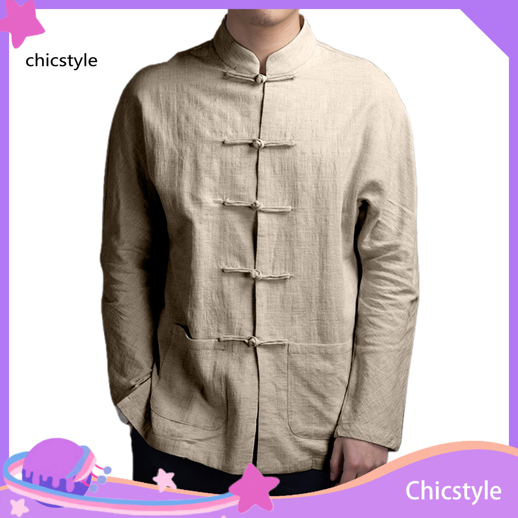 Lightweight Breathable Men Shirt Solid Color Stand-up Collar Men's Autumn Chinese Style Mandarin Long Sleeve Kung Fu Tai