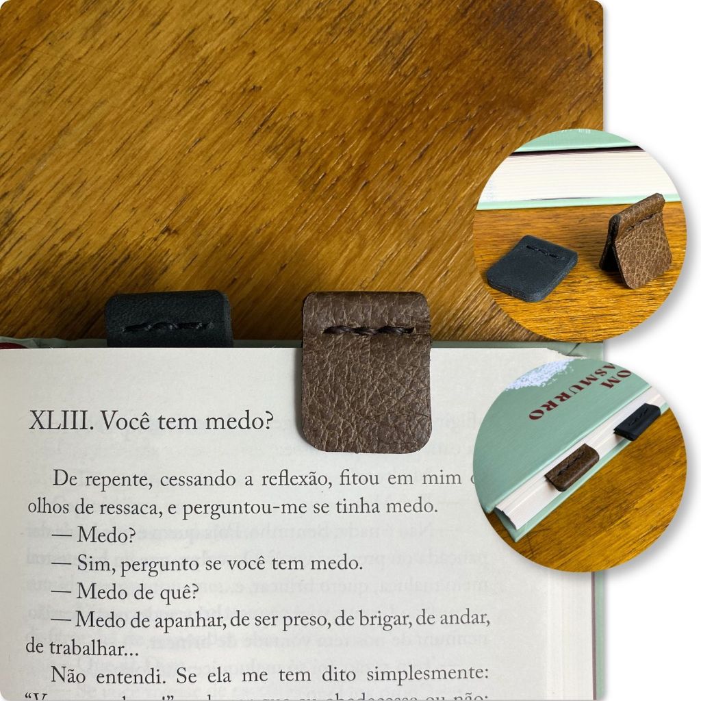 2 Marca páginas executivo em couro legítimo, revestido com manta magnética - Ler & Ser