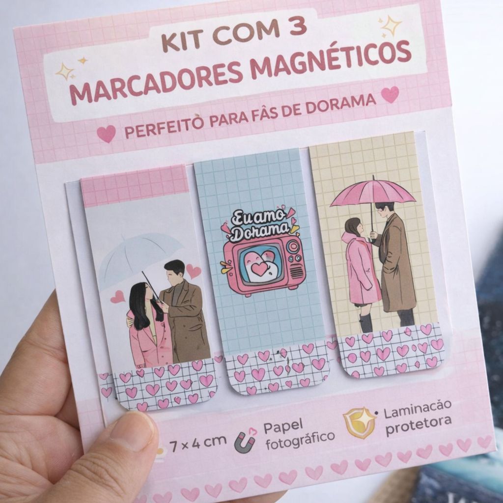 Marcador de Página Magnético Dorama | Kit 3 Unidades | Bookmark Magnético Fofo K-Drama Leitura