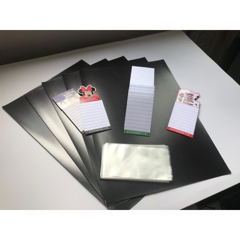 100 Mini Bloco + 5 Mantas Magnéticas Importada Adesivas A4 + 100 Saquinhos PP 6x11 Cm  -  Pronta Entrega