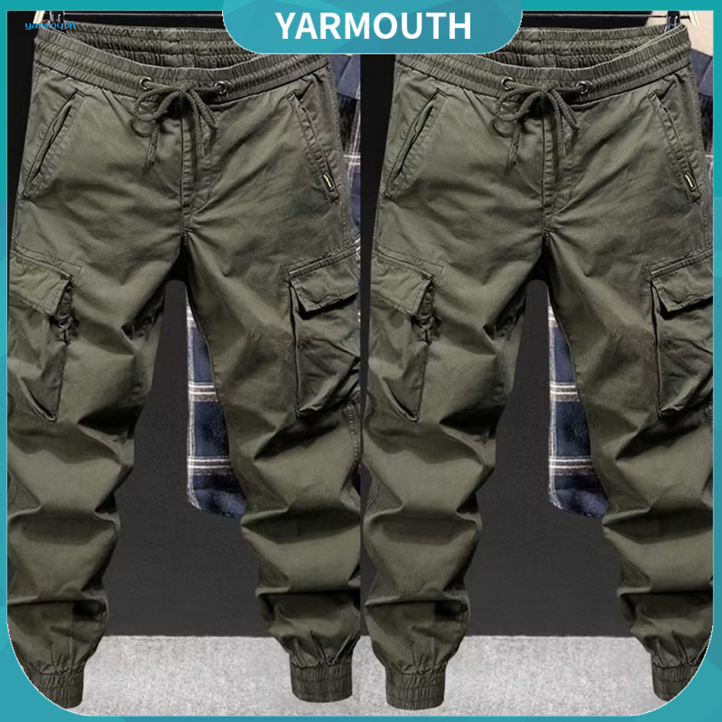 Elastic Waistband Pants Large Storage Capacity Men's Cargo Waist Drawstring Multi Pockets Loose Fit Breathable Soft Fabr