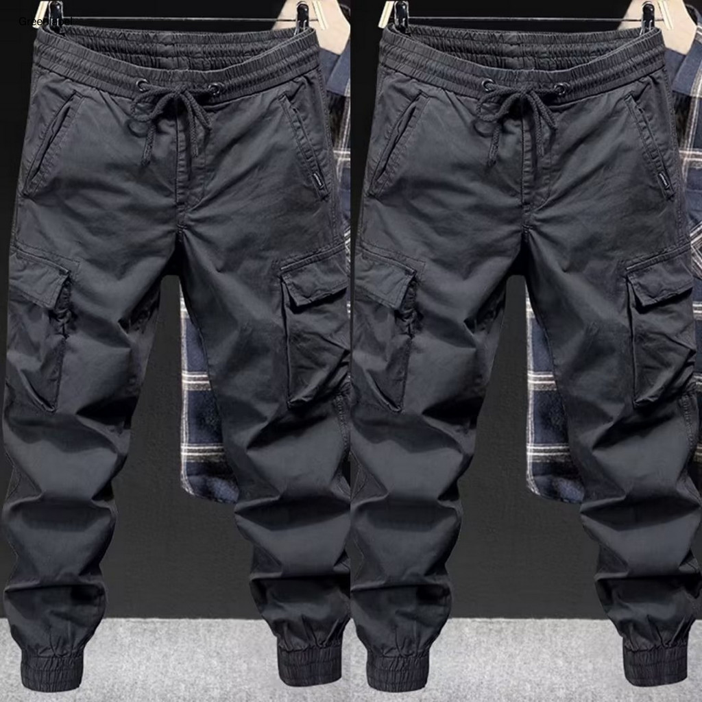 Large Storage Capacity Pants Elastic Waistband Men's Cargo Waist Drawstring Multi Pockets Breathable Soft Fabric Loose F