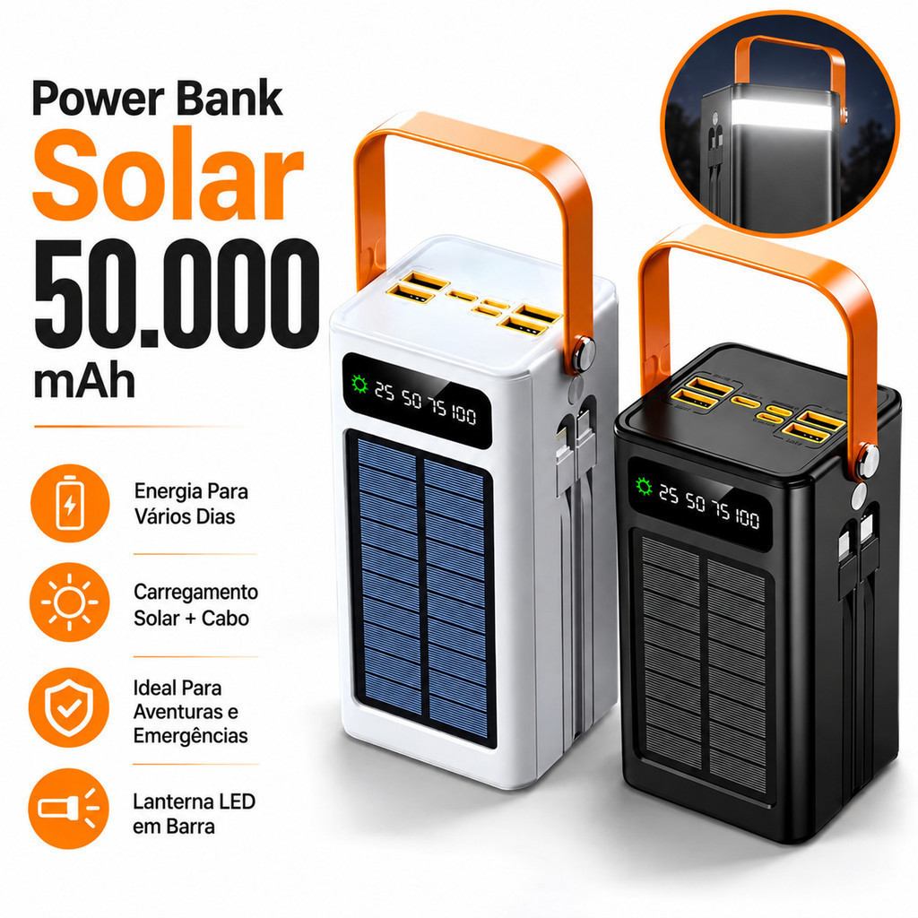 Power Bank Solar 50000mAh Carregador Portátil Grande Capacidade USB com Cabo Universal