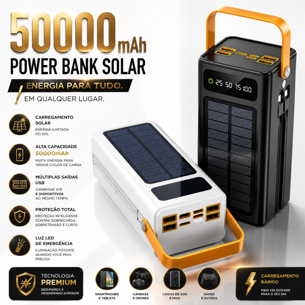 Power Bank Solar 50000mAh Carregador Portátil Grande Capacidade USB com Cabo Universal Para Trilhas Pesca Camping