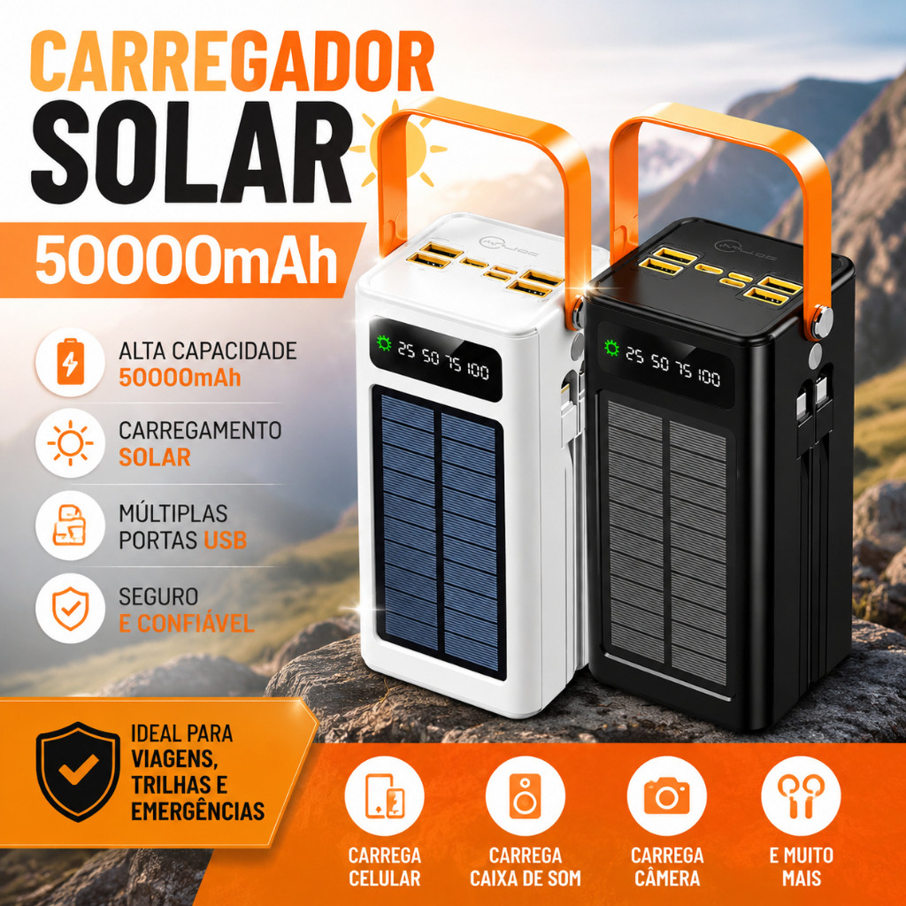 Power Bank Solar 50000mAh Carregador Portátil com USB Tipo-C e LED