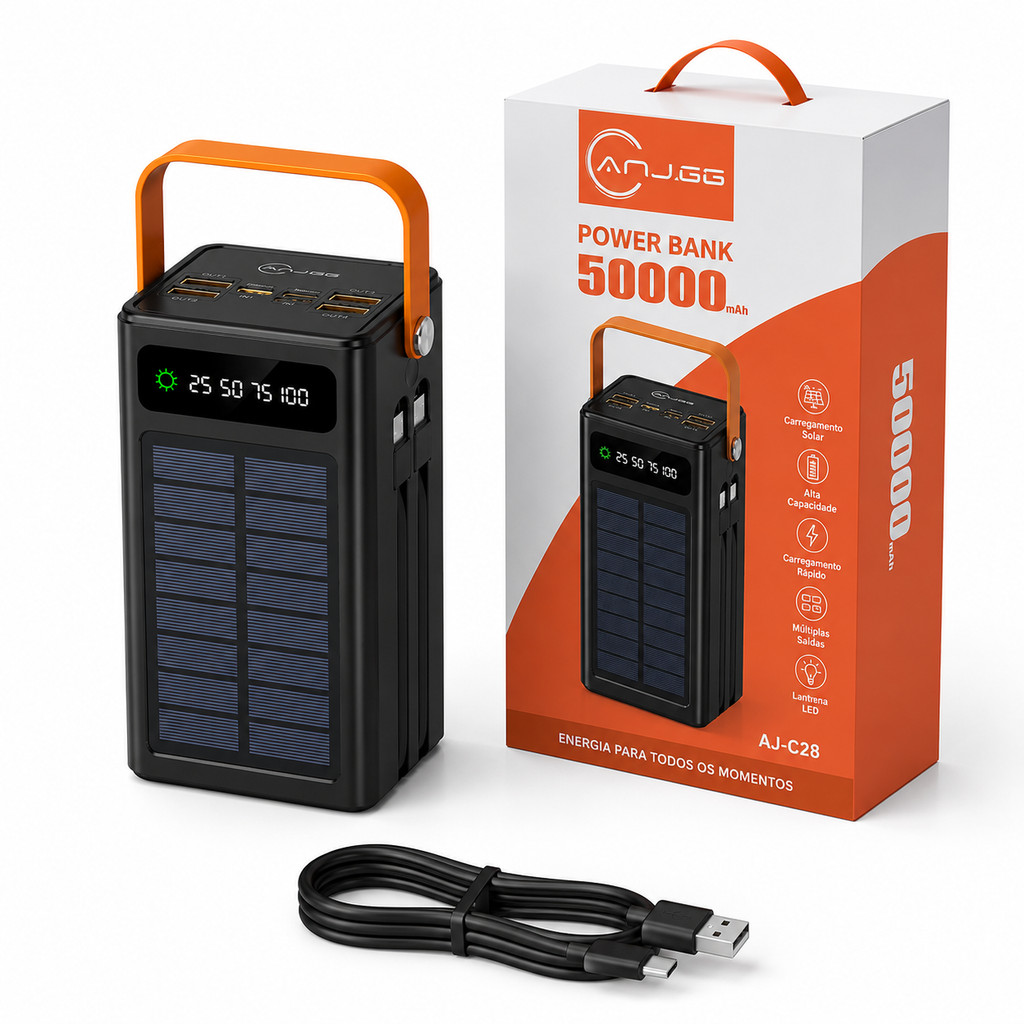 Power Bank Solar 50000mAh Carregador Portátil Grande Capacidade USB com Cabo Universal