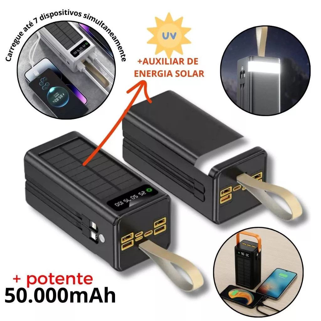 Power Bank Solar 50000mAh Carregador Portátil Grande Capacidade USB com Cabo Universal