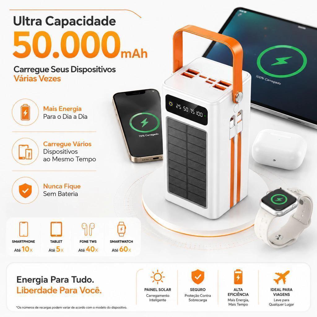 Power Bank Solar 50000mAh Carregador Portátil Grande Capacidade USB com Cabo Universal