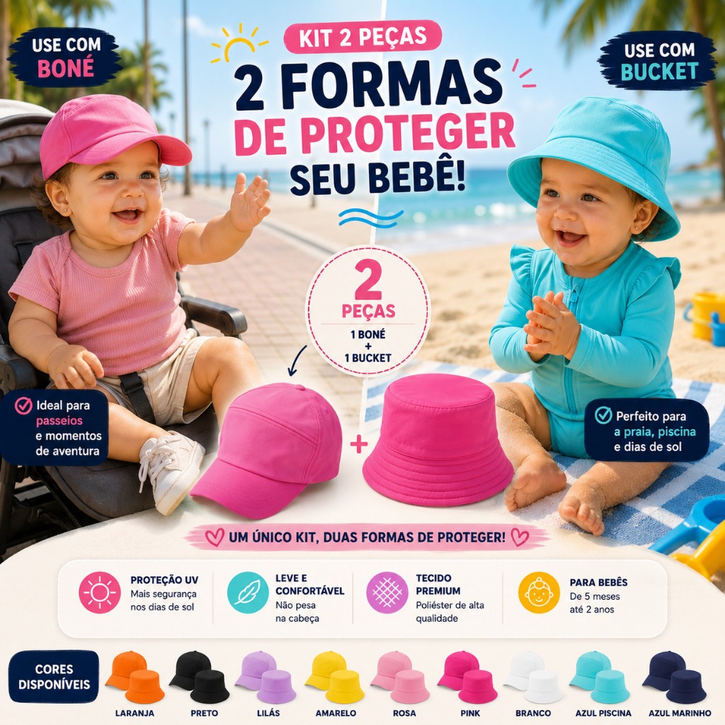 Kit Praia Bebê Boné Five Panel + Bucket Infantil 2 Peças Proteção Solar Verão 6 Meses a 2 Anos Menino e Menina