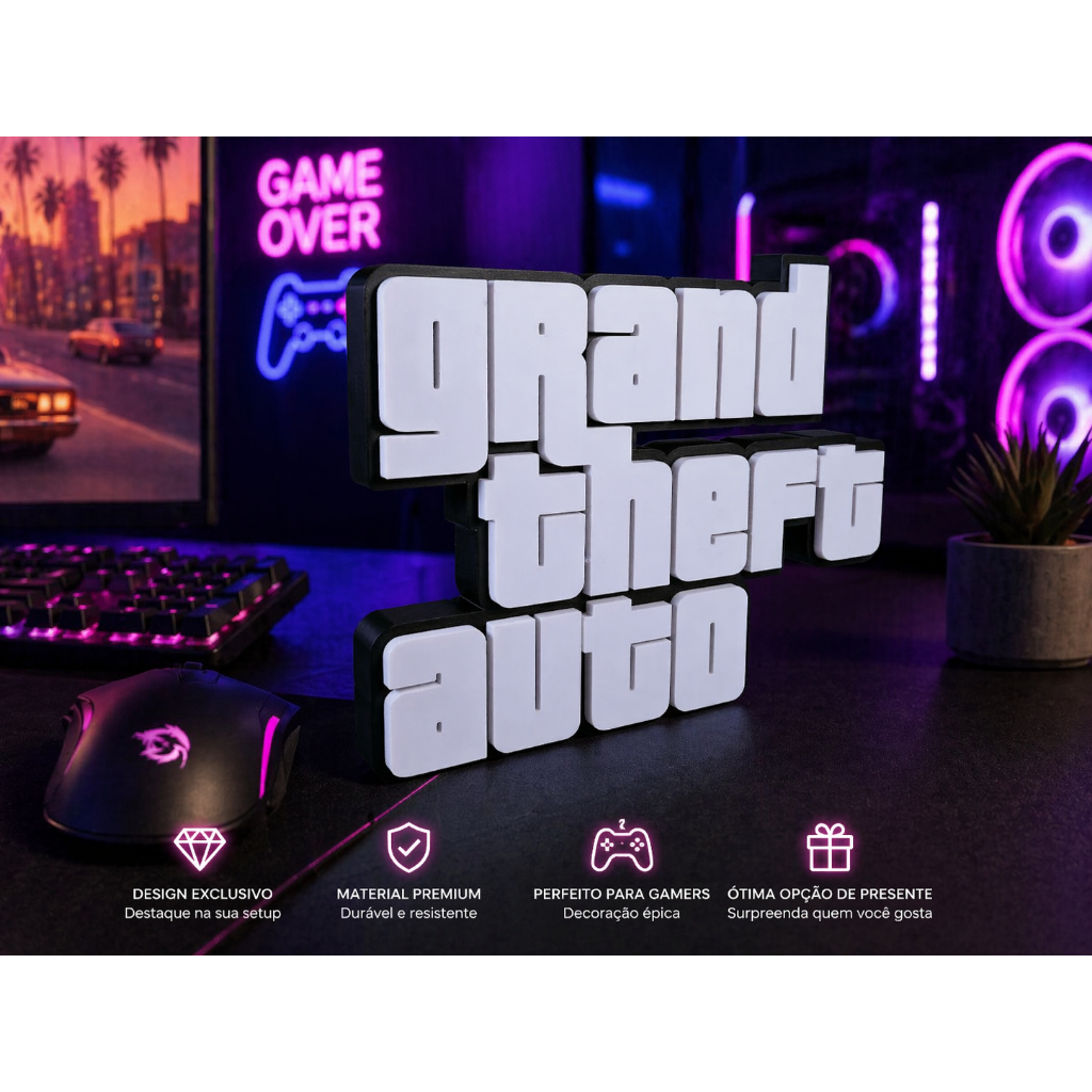Placa Decoração para Quarto Gamer Geek Grand Theft Auto - GTA