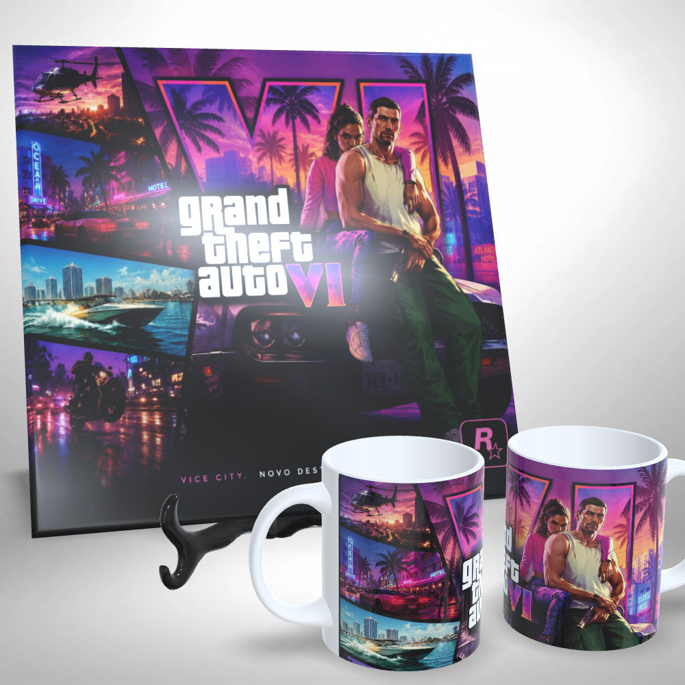 Kit Azulejo + Caneca Personalizada - Grand Theft Auto VI GTA 6 Lucia e Jason