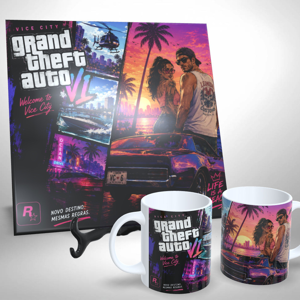 Kit Azulejo + Caneca Personalizada - Grand Theft Auto VI GTA 6 Pôr do Sol