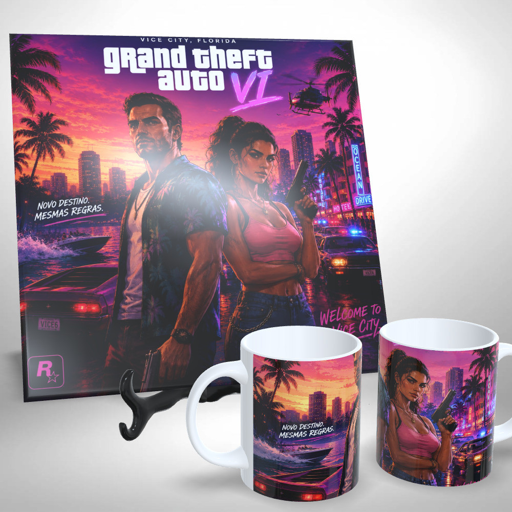 Kit Azulejo + Caneca Personalizada - Grand Theft Auto GTA 6 Novo Destino, Mesmas Regras