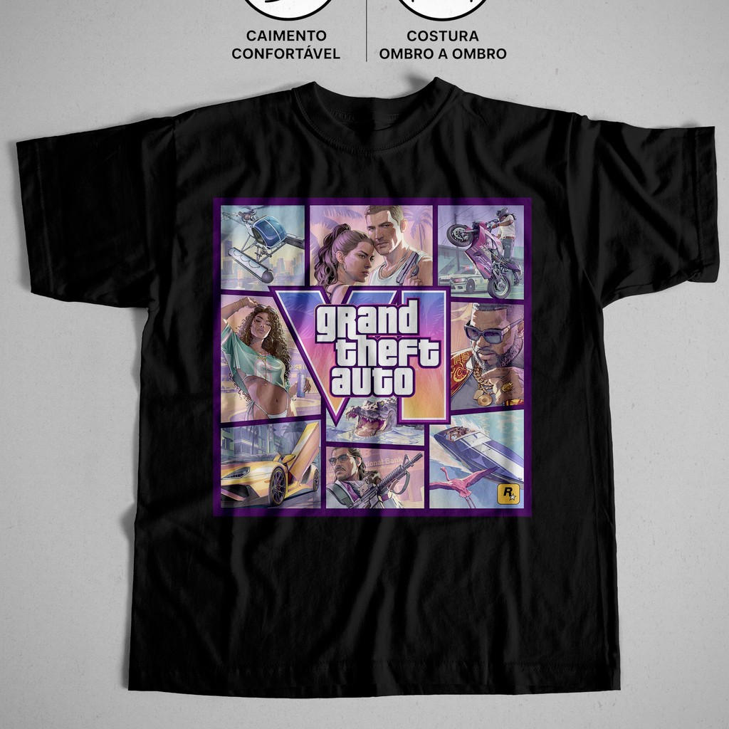 Camiseta GTA 6 Lucia e Jason Grand Theft Auto VI Jogo Unissex 100% Algodão Camisa Masculina Feminina Streetwear