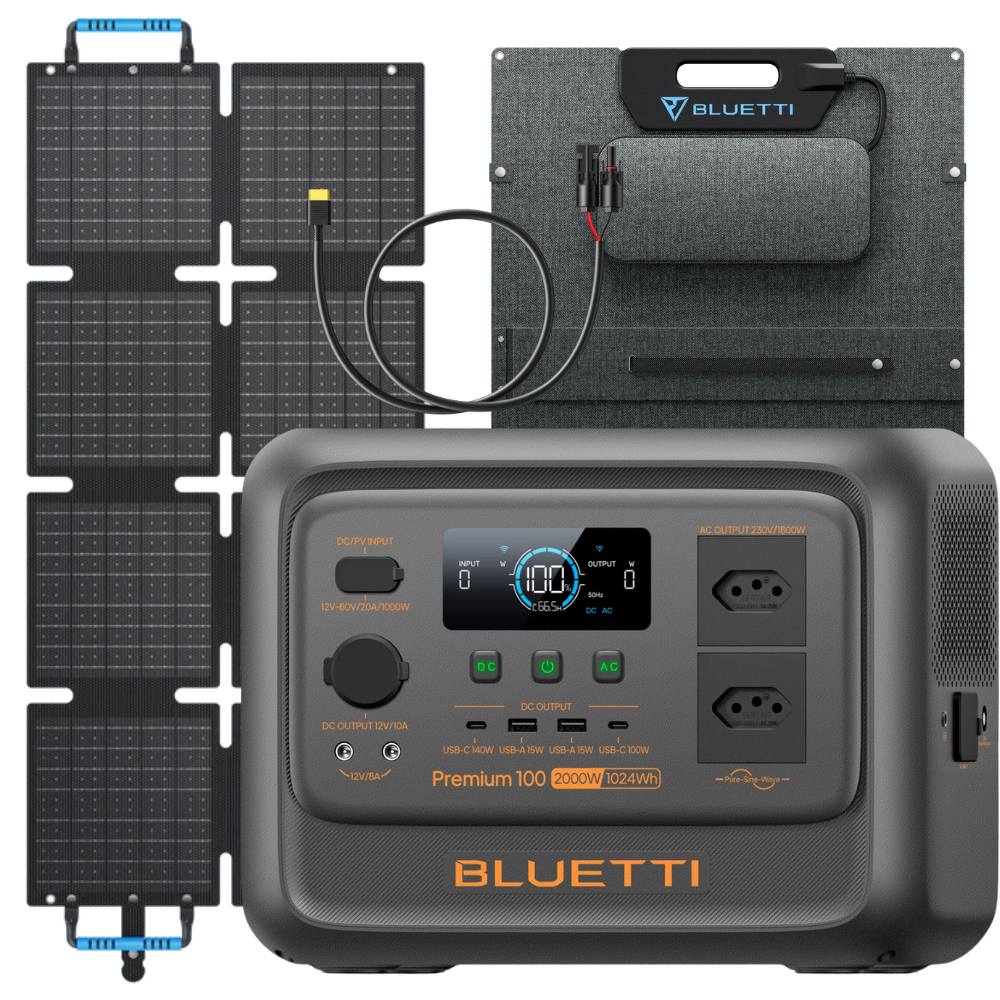 Estação de Energia Bluetti Premium 100 V2 2000W Gerador Portátil Energia Backup 1024Wh + Painel Solar 220W