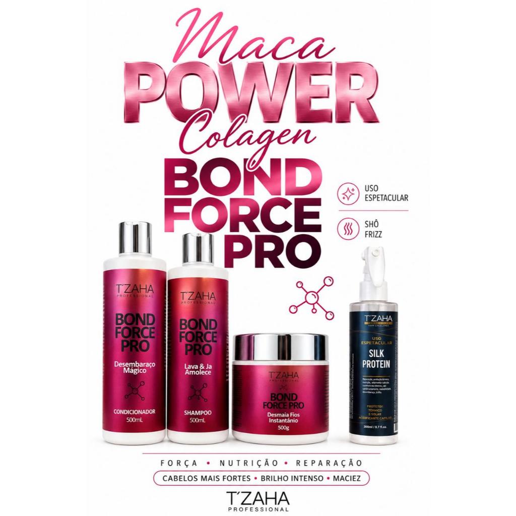 Kit Tzaha Maca Power Colagem Bond Force Pro + Uso Diário Espetácular e Protetor De Calor e Solar