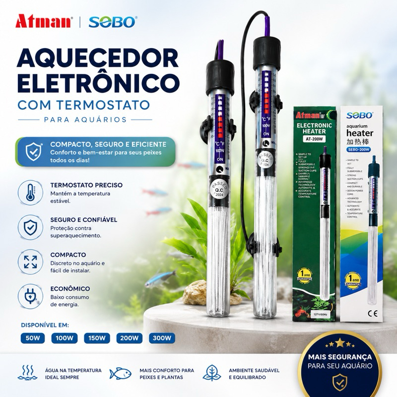 AQUECEDOR TERMOSTATO CONTROLE DE TEMPERATURA P/ AQUÁRIOS 25W/50W/100W/200W