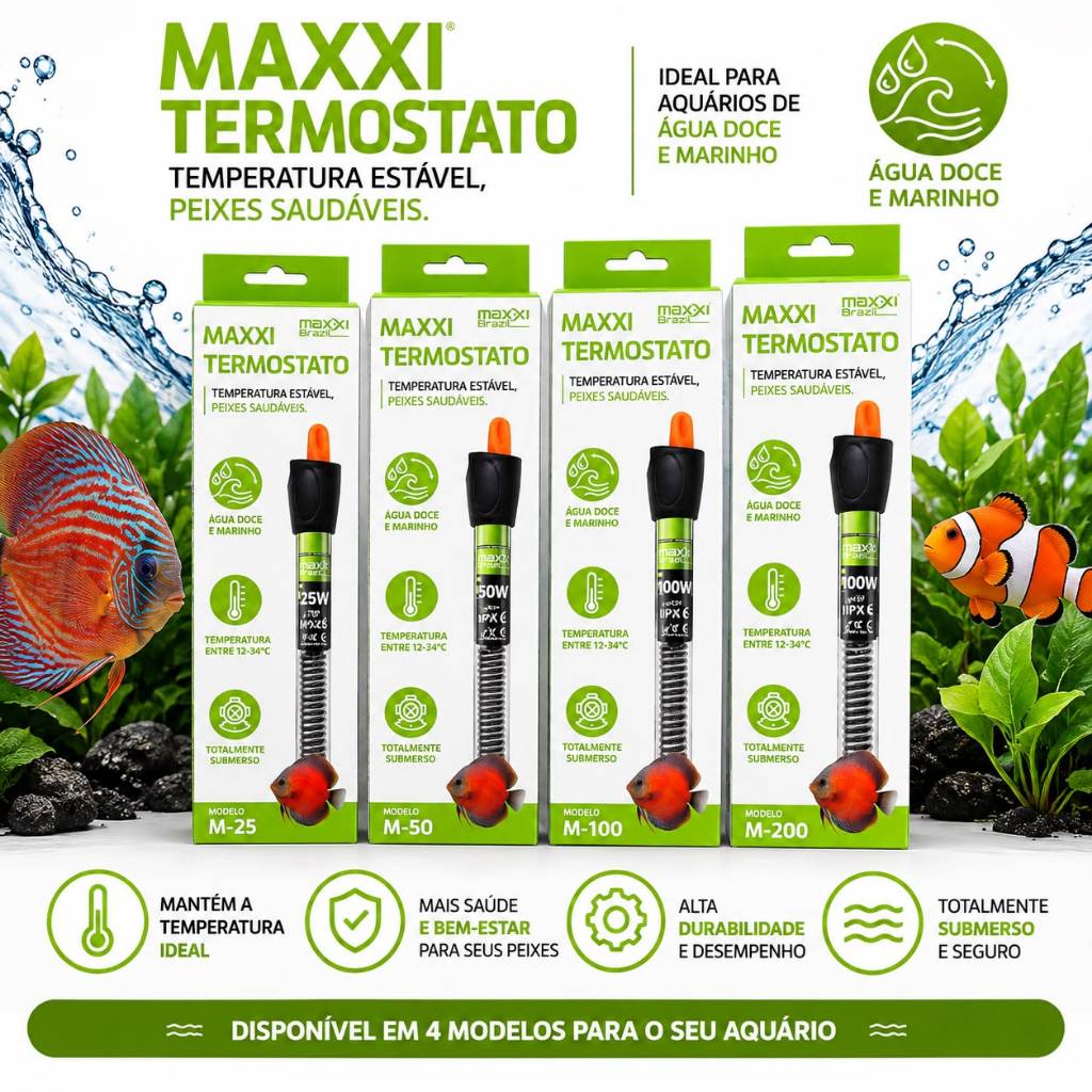 Termostato Aquecedor para Aquário MAXXI 25W 50W 100W 200W Submersível Regulável 12-34°C Água Doce e Marinha