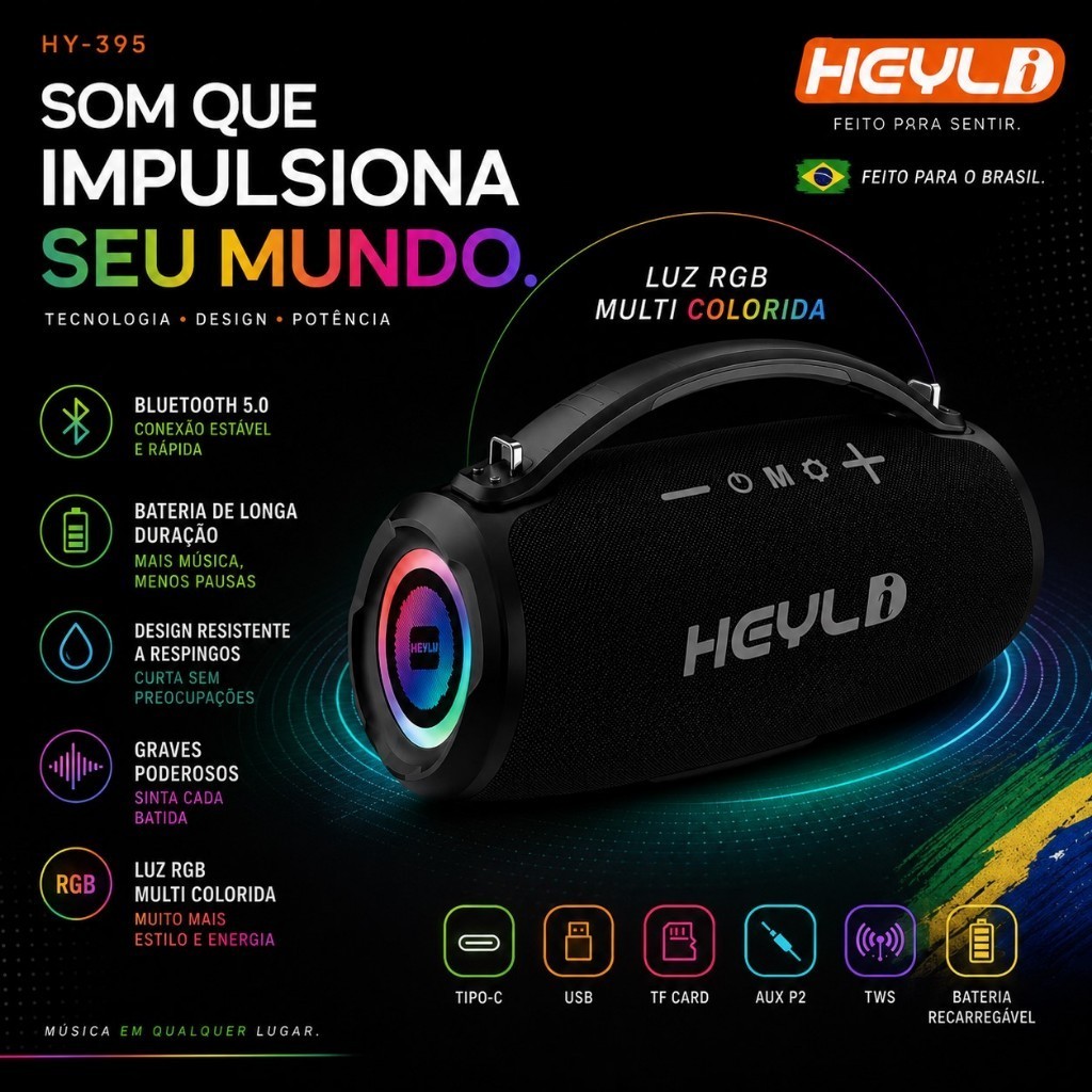 【✨Envio 24H】Caixa De Som RGB Portable Bluetooth Speaker 40W (20W*2) | TWS | IPX5 | USB-C | 4500mAh battery-HY-395