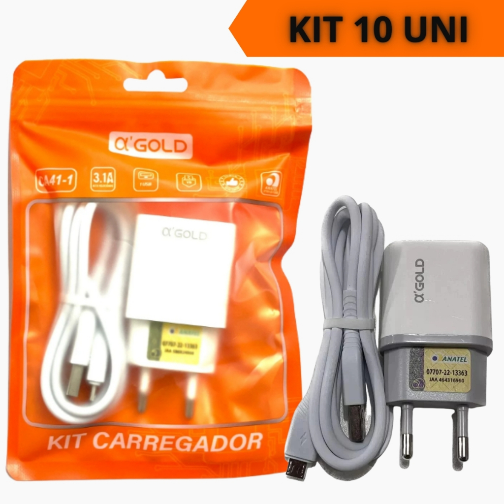 Kit 10 Carregador de Celular Super Charging 3.1A Cabo MICRO V8 / TIPO-C / Lightning Iphone A'Gold