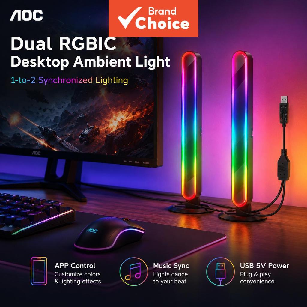 Barras de Luz Ambiente para Mesa AOC ALP2301 LED RGBIC, Sincronização de Música com Microfone Integrado, Controle por