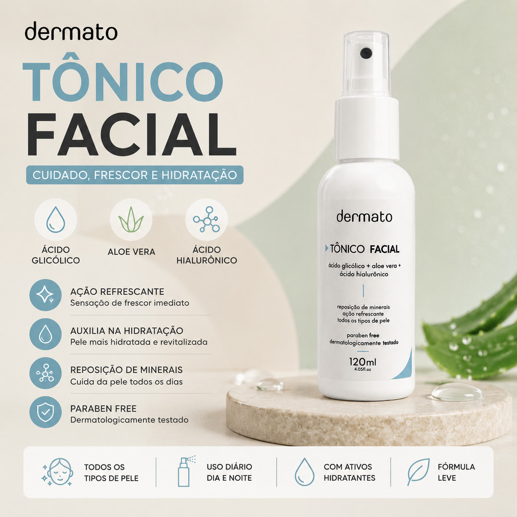 Tônico Facial 120ml | Ácido Glicólico, Aloe Vera e Ácido Hialurônico | Hidratação e Frescor | Dermato