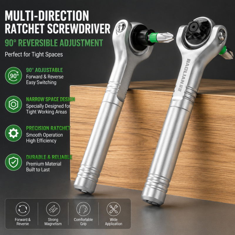 Universal Ratchet Screwdriver with 90° Articulating Head, Multi-Function Reversible Hand Tool for T