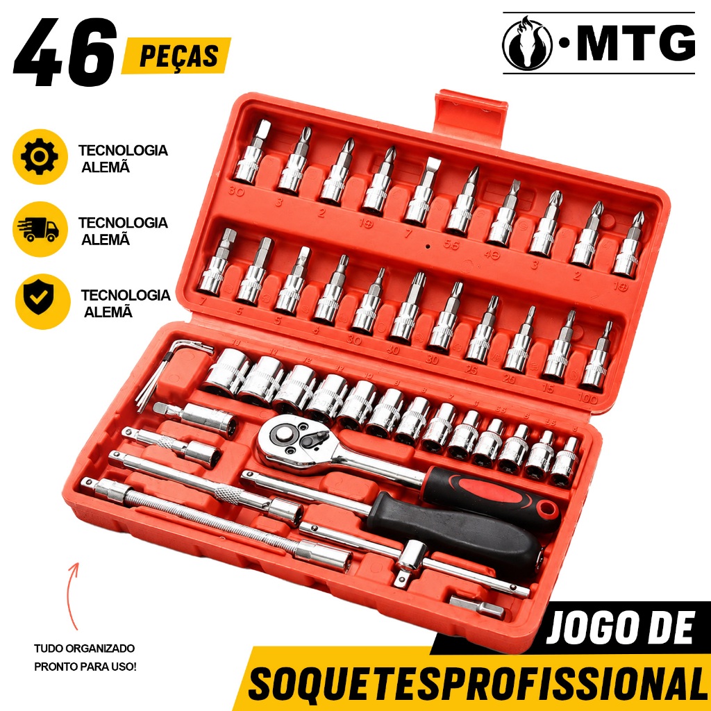 46-piece socket wrench set, reversible ratchet, steel material, with complete toolbox