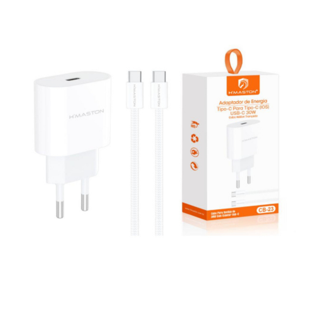 Carregador fonte + CABO carga rapida Turbo PD30w Tipo-c Type c para TIPO C para IOS ANDROID IPHONE 15 15 PRO MAX PLUS