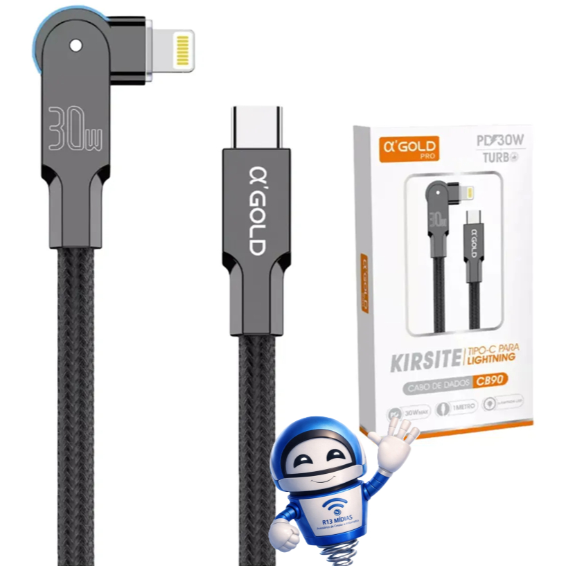 ⚡ Cabo a’Gold PRO Tipo-C para Lightning PD30W CB90 Turbo | Conector 90° Reforçado | 1.2M