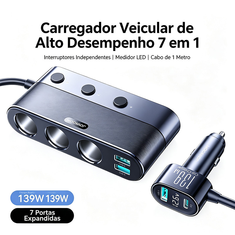 Carregador Veicular 7em1 179W PD30W, 4USB +3 Tomadas Isqueiro Display Voltagem LED 12V/24V