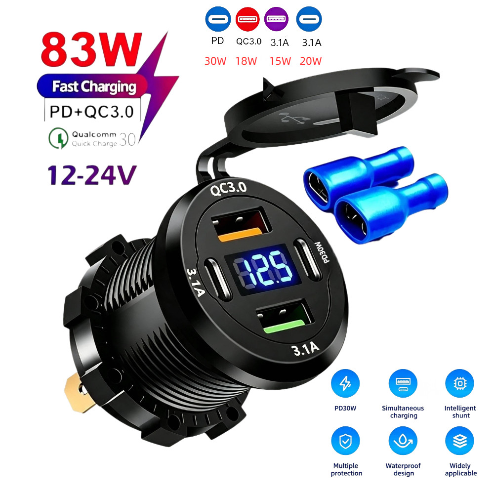 4 Portas À Prova Dwaterproof Água Carregador De Carro Soquete Duplo Pd 30w Tipo-c Qc 3.0 USB 3.1a Carregamento Rápido Co