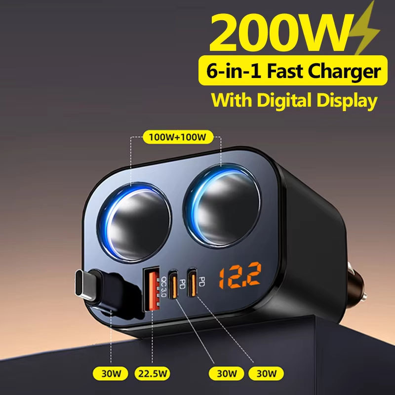 200W Max 6 Em 1 Carregador De Telefone Do Carro 100W Adaptador Isqueiro PD30W QC3.0 De Energia De Carregamento Super Ráp