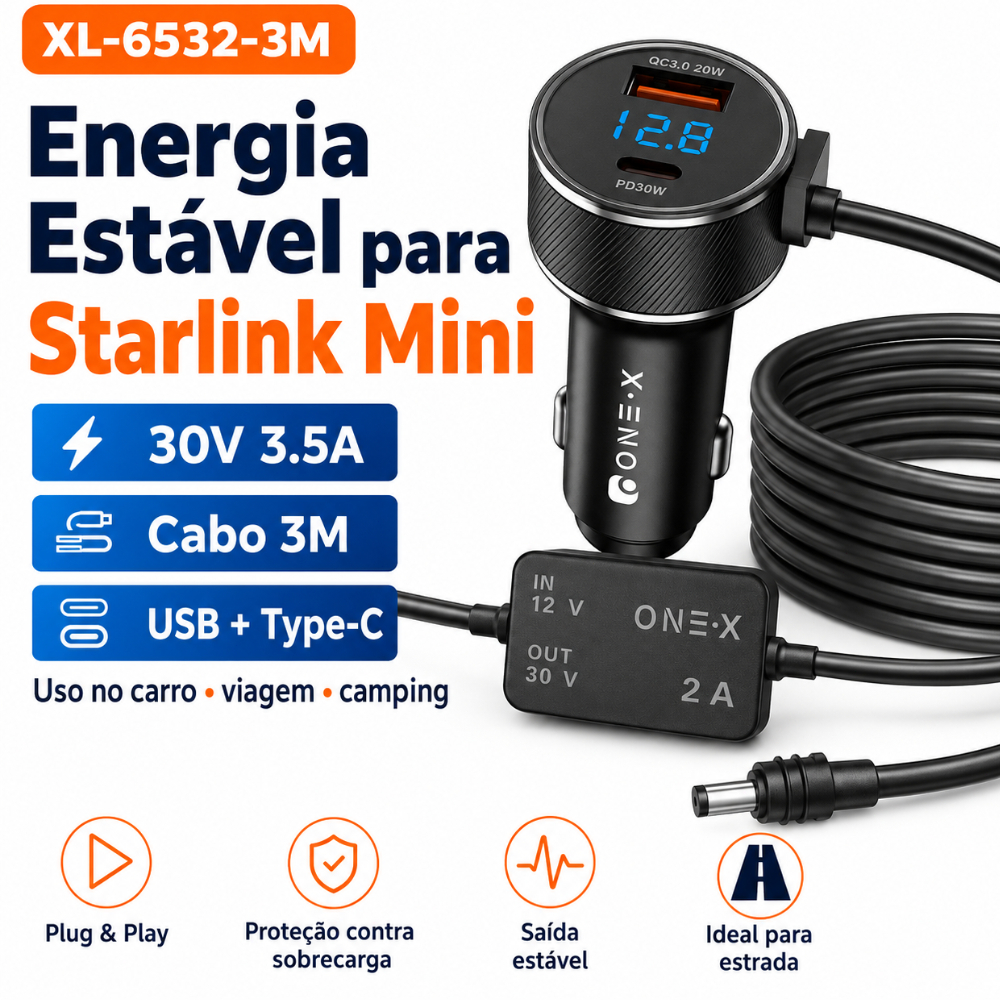 Cabo Carregador 3 em 1 com Tela para Starlink Mini PD30W 12V 24V de carro StarlinkCabo Em Veicular Compatível Usb Tipo C