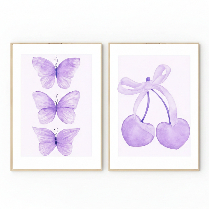 Quadros decorativos Trendy Watercolor Lilás Bows Balloon Puppy (2 peças)
