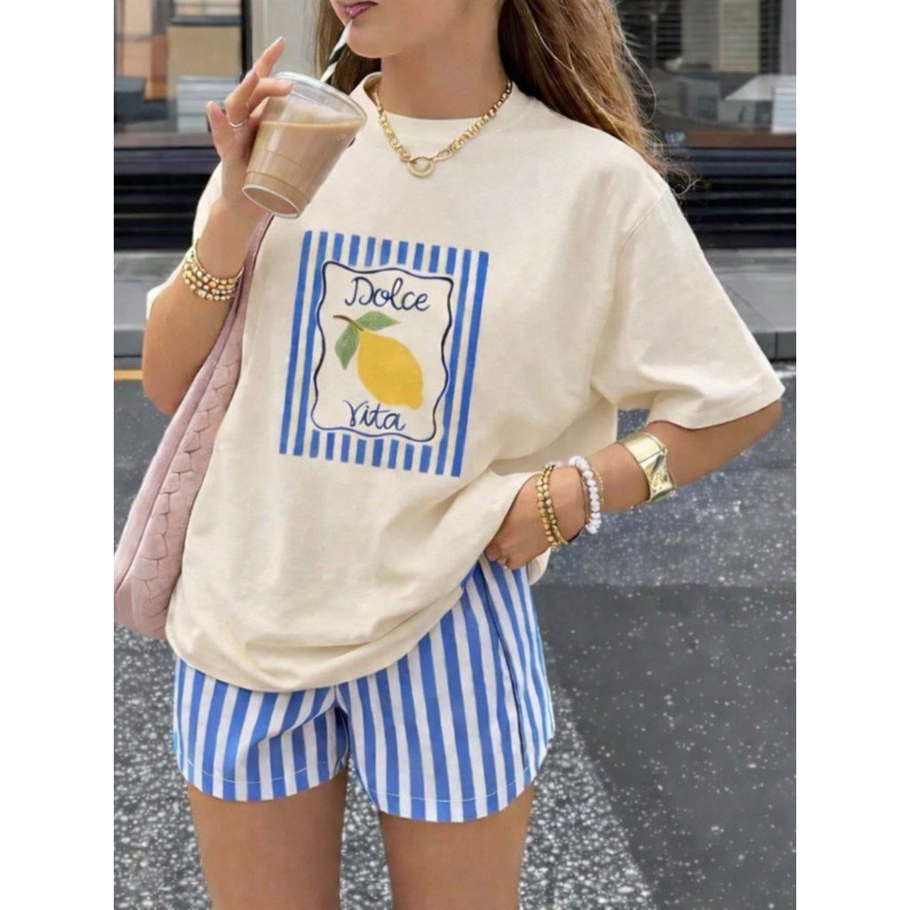Camiseta Feminina Dolce Vita Limão Oversized Algodão Premium Moda Verão Casual Trendy
