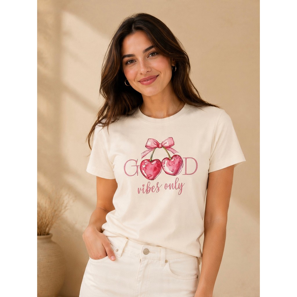 Camiseta Camisa Estampada Cereja Cherry Feminina Tecido Leve Macio Confortável 100% Algodão Premium