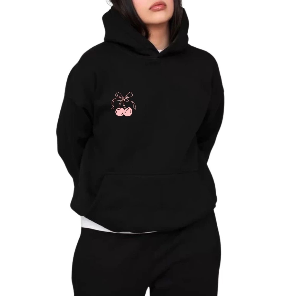 Blusa De Frio Canguru Com Capuz Moletom Feminino Larguinho Estampado Cereja Com Laço Cherry