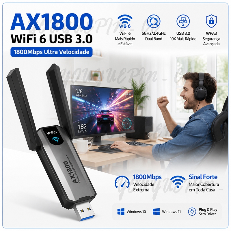 Adaptador Wi-Fi 6 AX1800 USB 3.0 Banda Dupla 2.4G/5Ghz 1800Mbps Receptor Sem Fio Dongle Rede Para Laptop Win10/11