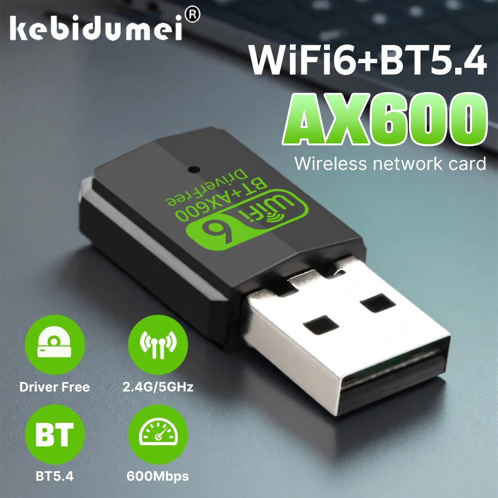 Adaptador USB Wi-Fi 6 Bluetooth 5.4 600Mbps, Placa de Rede Sem Fio 2,4G e 5GHz, Antena USB para PC/Laptop Win10/11, Sem