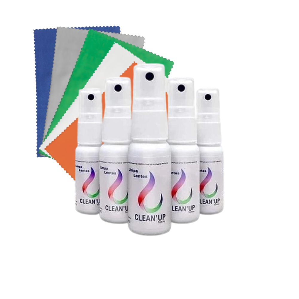 Kit 5 Limpa Lentes Clean Up 25ml + 5 Flanelas Para Óculos Celular Computador